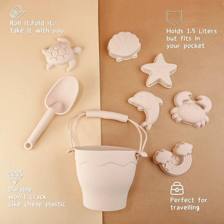Soft, non-toxic silicone sand toy set for kids, perfect for building sandcastles and imaginative beach play.
