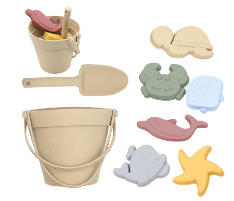 Durable silicone beach sand toy set for children, non-toxic and flexible for creative sandcastle building.