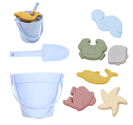 Colorful silicone beach sand toy set for children, enhancing outdoor fun and imaginative play at the beach.
