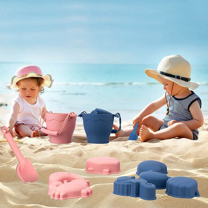 Eco-friendly silicone bucket, shovel & molds for toddlers and kids, great for beach and sandbox play.
