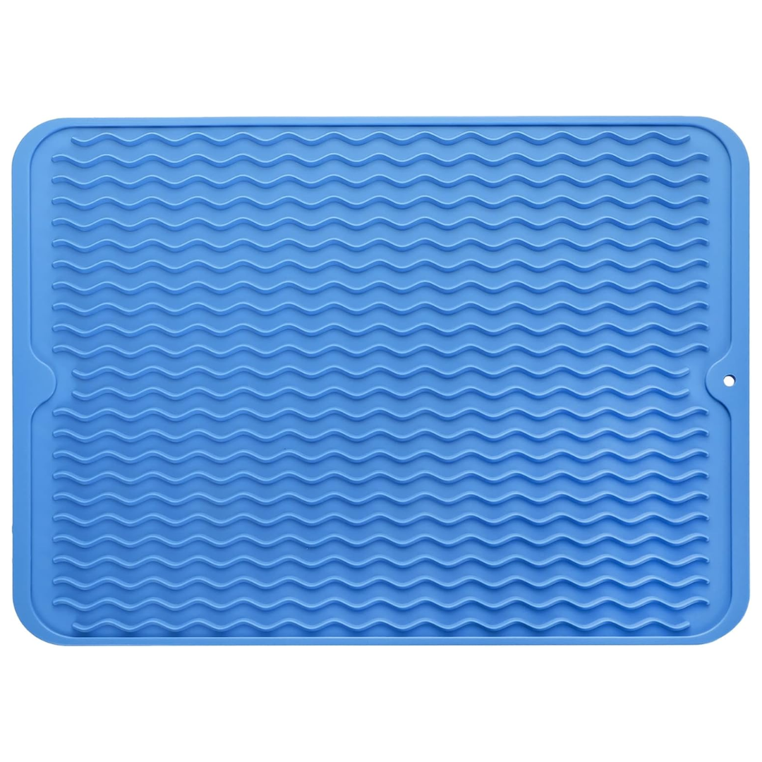 Large silicone dish drying mat for kitchen counter. Heat-resistant, non-slip & easy to clean.