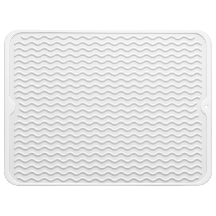 Versatile silicone drying mat: kitchen counter, dish drying, refrigerator liner, drawer protector.