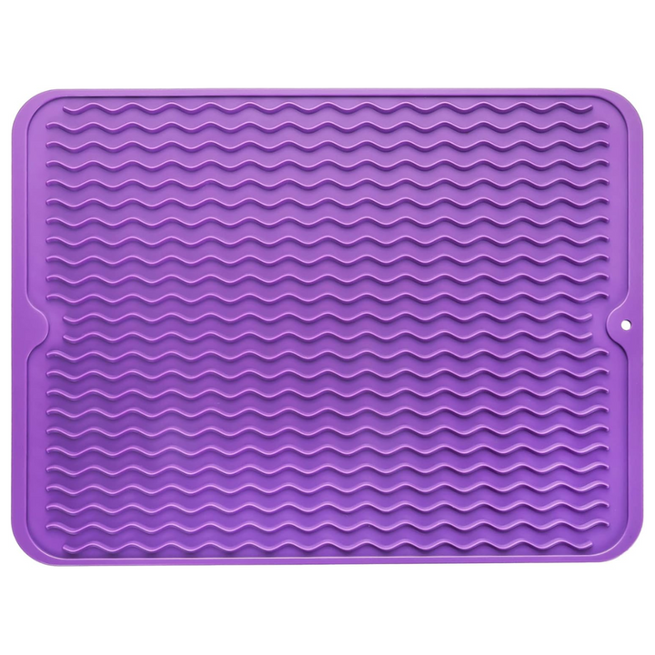 Practical silicone drying mat for kitchen counters. Use for dishes, hot pots, or as a drawer liner.