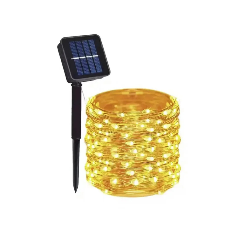 Warm white solar LED string lights illuminating a patio, creating an enchanting outdoor ambiance. Weatherproof garden decor.
