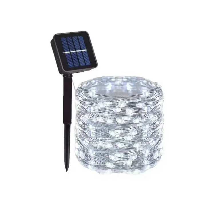 Colorful solar string lights draped across a garden, perfect for vibrant landscape lighting and festive outdoor decor.