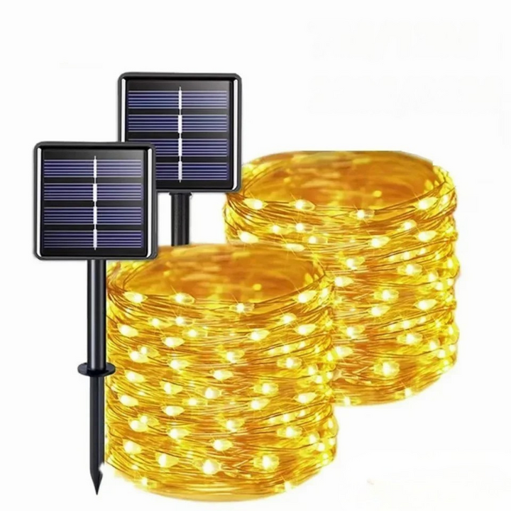Eco-friendly solar LED string lights enhancing outdoor living spaces, patios & garden areas with beautiful lighting.