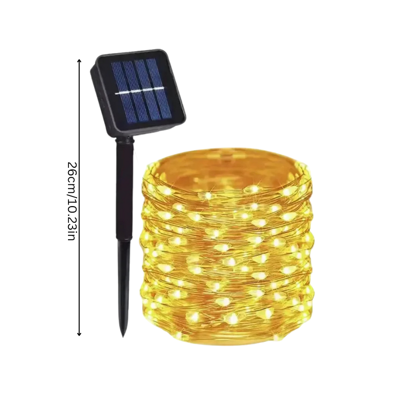 Solar powered string lights creating a magical glow in an outdoor garden, ideal for patio lighting & festive decor.