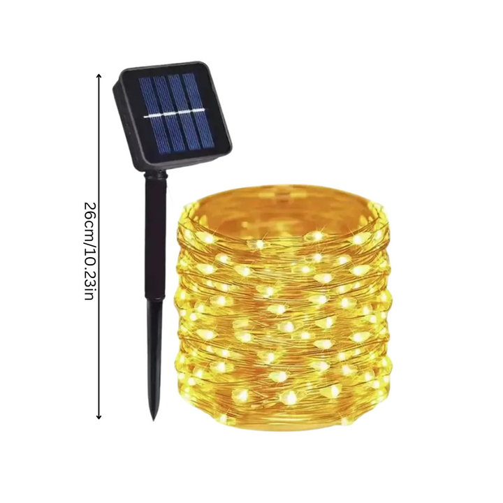 Solar powered string lights creating a magical glow in an outdoor garden, ideal for patio lighting & festive decor.