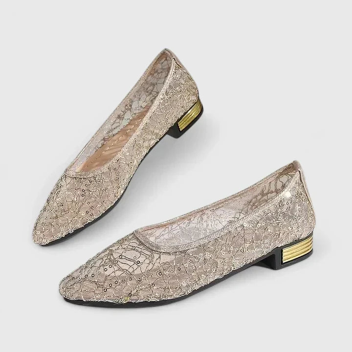 Women's Lace Pointed Toe Flats with Gold Heel