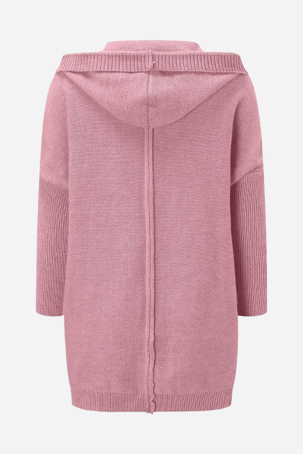 Autumn/winter women's oversized hooded knit cardigan, designed for cozy comfort and layering.