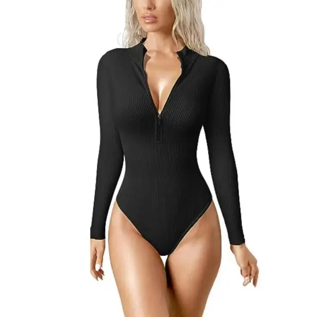 Sleek women's ribbed long sleeve zip-up bodysuit. Versatile one-piece swimsuit for active swimwear.
