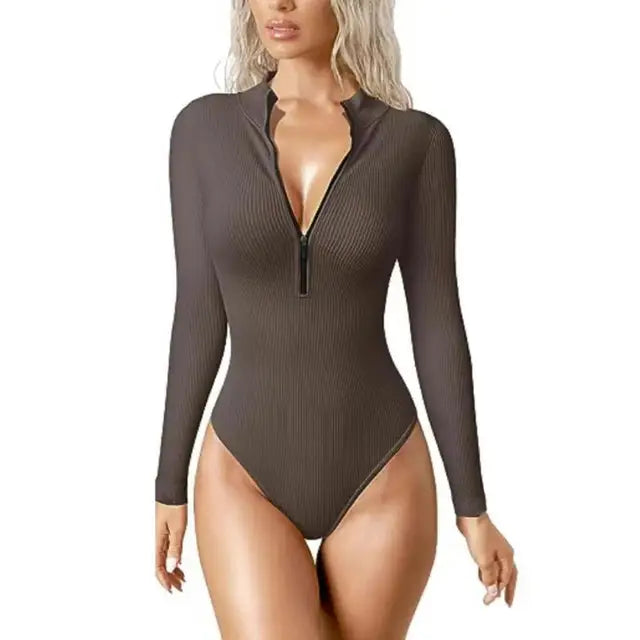 Elegant women's ribbed long sleeve zip-up swimsuit. Stylish one-piece perfect for beach & resort wear.