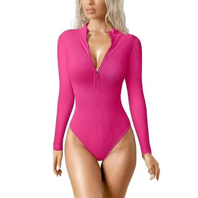 Ribbed long sleeve one-piece swimsuit for women. Zip-up front, ideal for poolside and active beachwear.