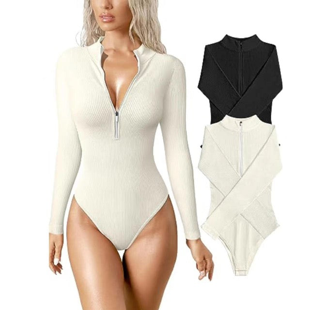 Versatile women's ribbed long sleeve zip-up bodysuit. One-piece swimsuit for activewear & stylish beach days.