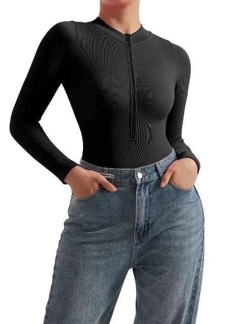Women's long sleeve ribbed zip-up swimsuit. A sleek, elegant one-piece bodysuit for beach & poolside fun.
