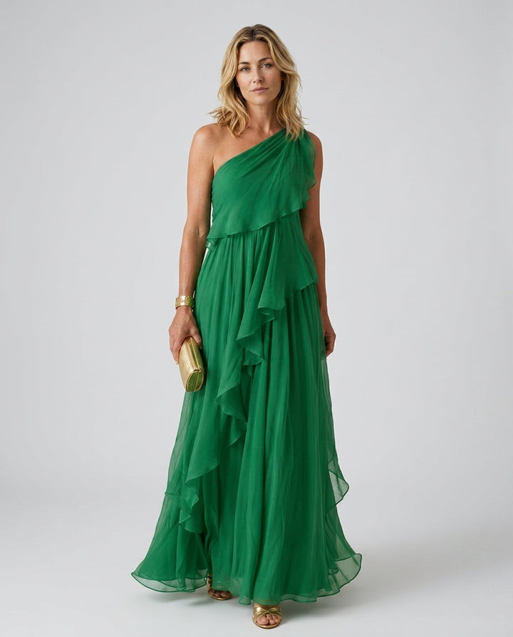 Sophisticated women's asymmetric ruffle maxi dress, perfect for races or elegant evening events.