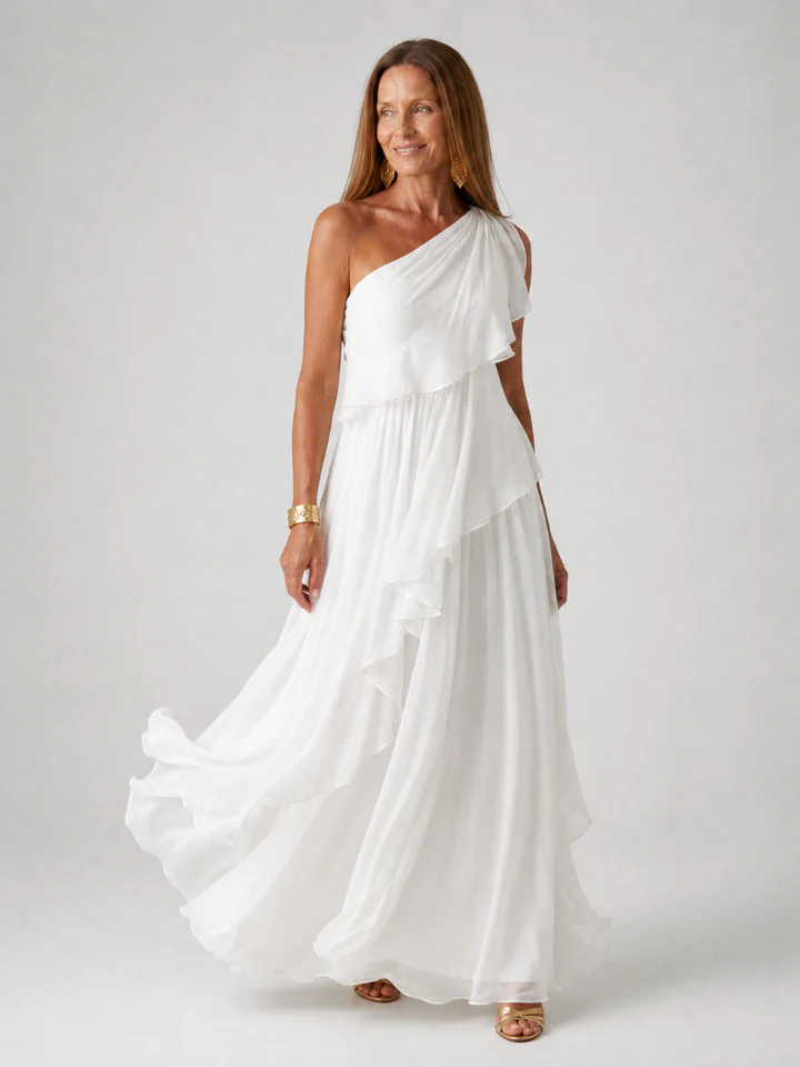 Sophisticated occasion wear: women's asymmetric ruffle maxi dress, designed for elegance & comfort.