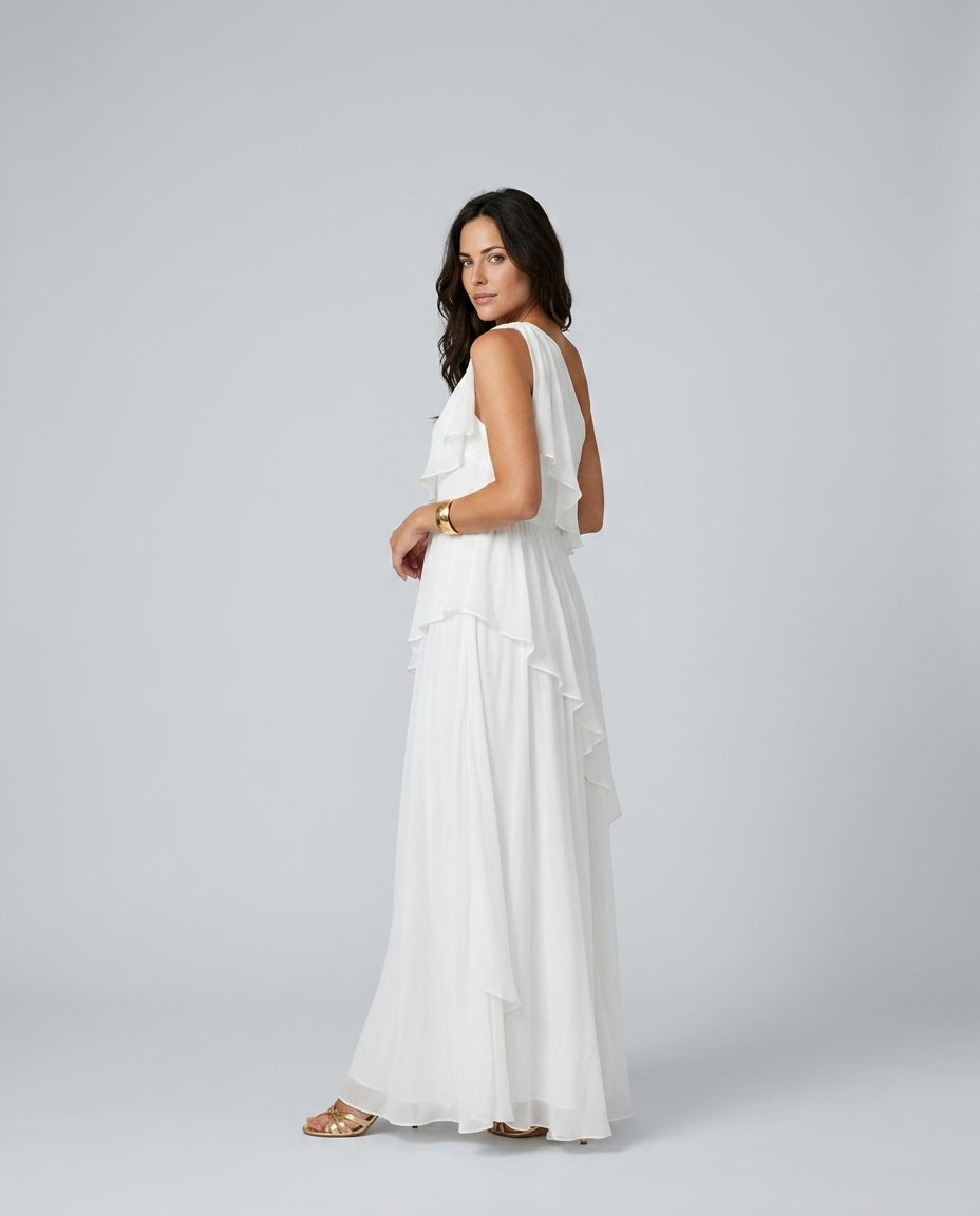 Women's elegant races dress, a flowing asymmetric maxi gown with stylish ruffles for a chic look.