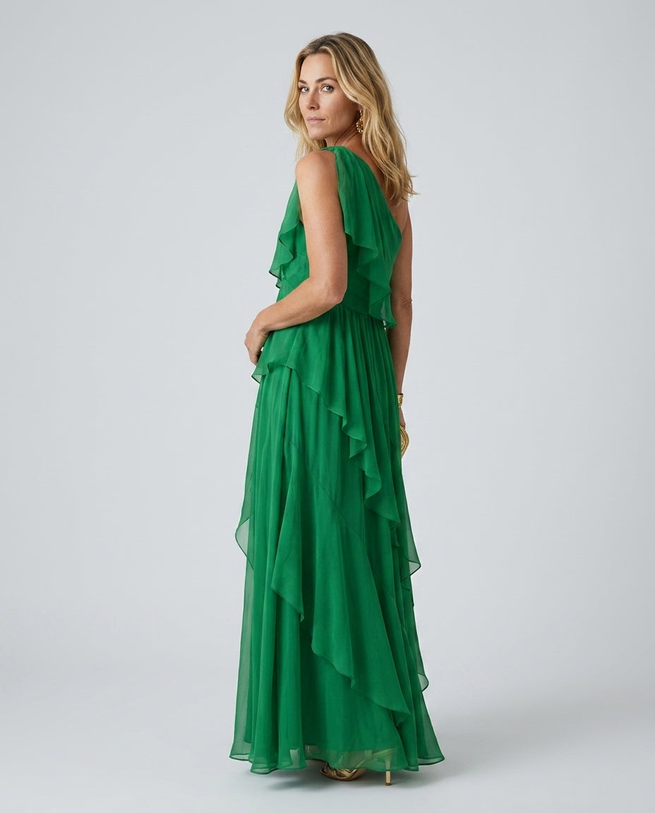 Elegant asymmetric maxi dress for women, featuring a stylish ruffle design & flowy silhouette for races.