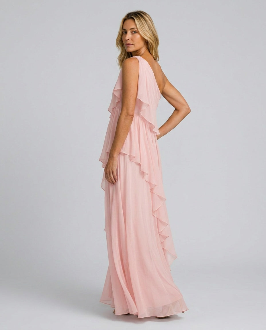 Stylish women's evening gown with asymmetric ruffles, a chic & elegant choice for formal parties.