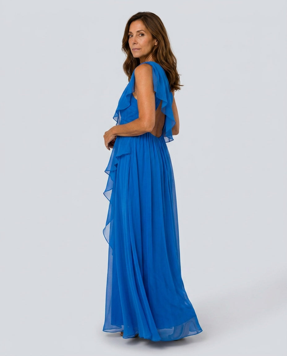 Luxurious women's sophisticated maxi dress with a unique asymmetric design, perfect for formal events.