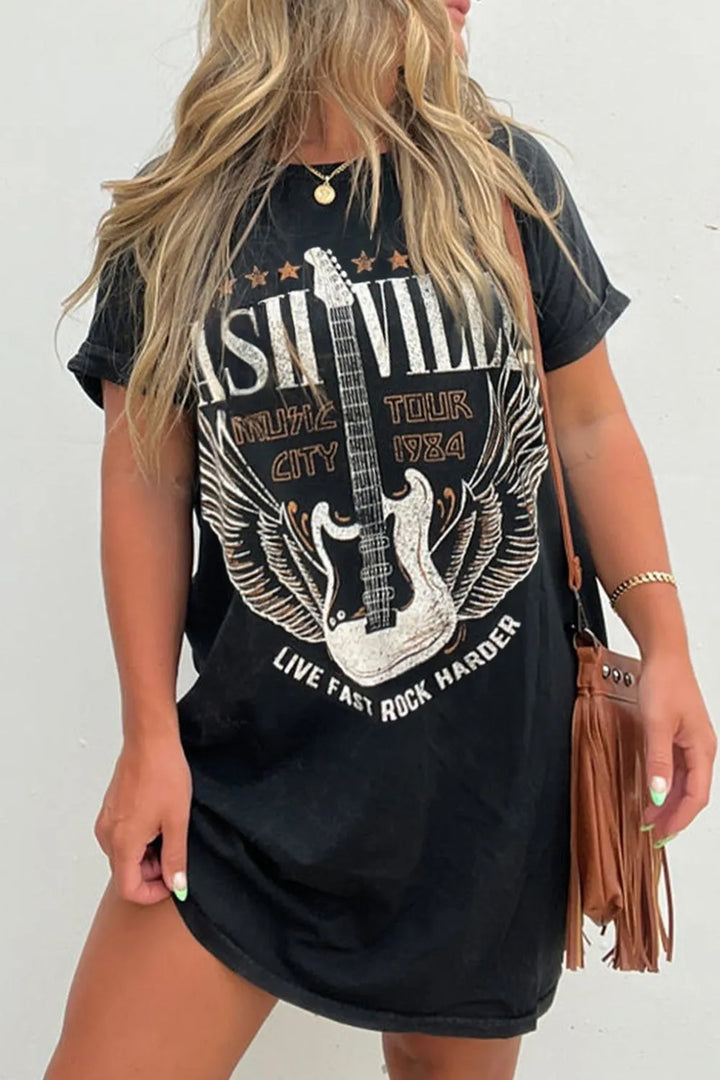 Edgy women's black graphic t-shirt mini dress with short sleeves for casual summer style.