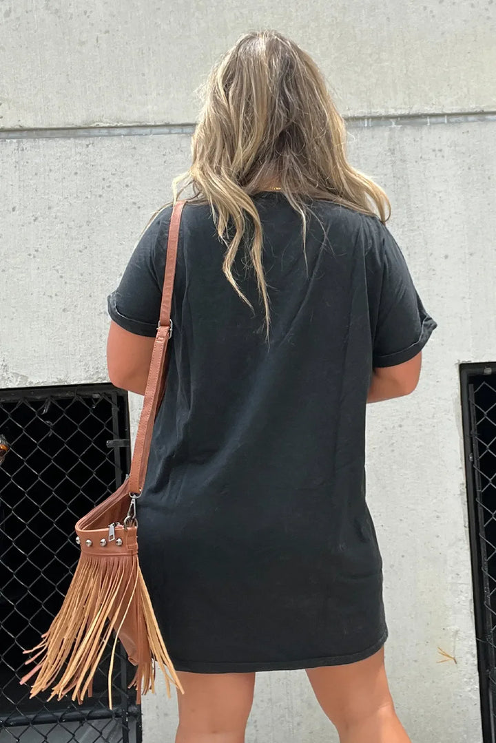 Short sleeve black graphic t-shirt dress for women, offering an edgy and casual look.