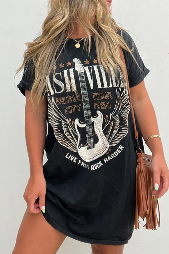 Fashionable women's mini dress, a black graphic tee style ideal for summer wear.