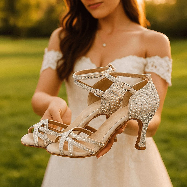 Women's elegant crystallised evening dance shoes, stable comfort heels, perfect for parties & formal events.