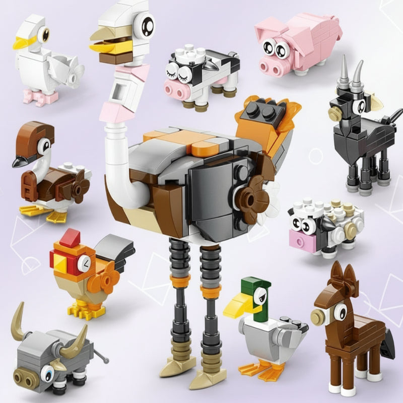 Display of multiple completed models: dinosaur, vehicle, & animal, built with educational blocks.