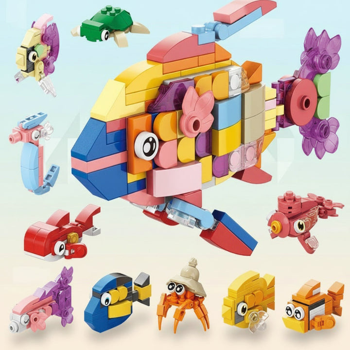 Educational building blocks set creating various animal figures, a fun STEM hobby kit.