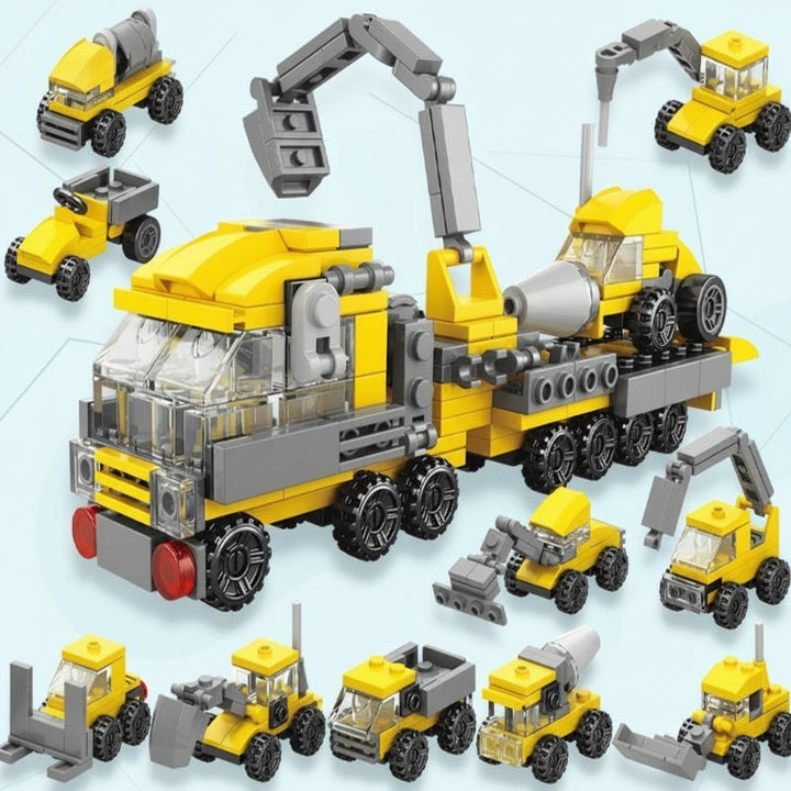 Kids building with unisex educational construction blocks, enhancing creativity & focus.