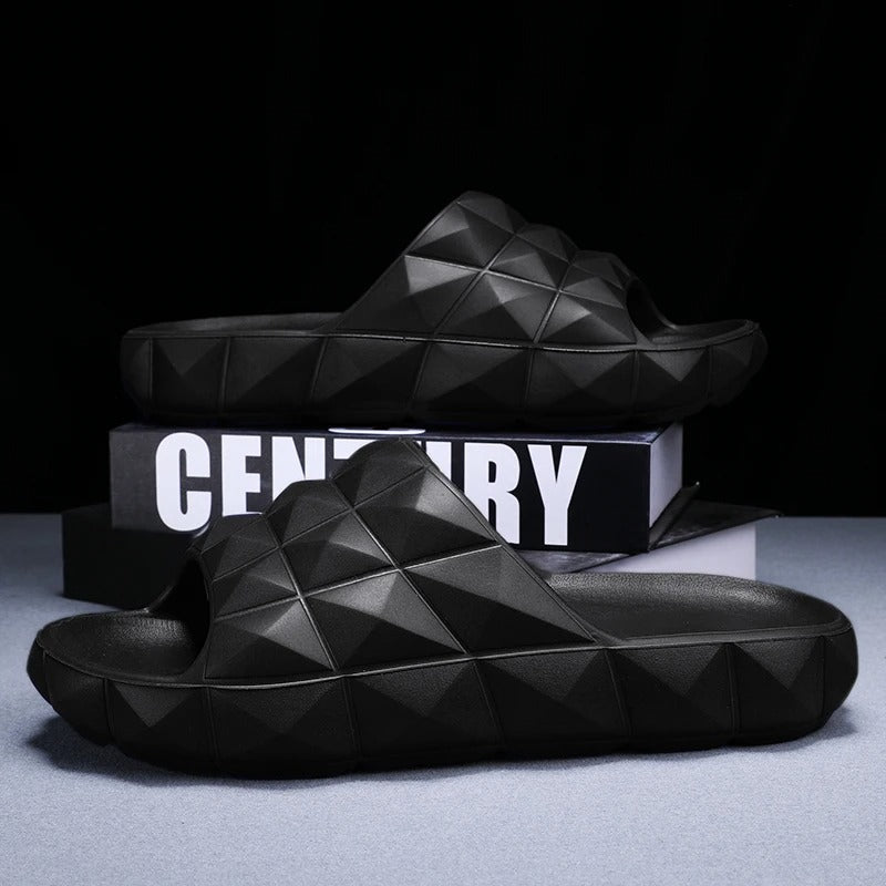 Geometric textured men's slides, offering ultimate comfort for pool or beach.
