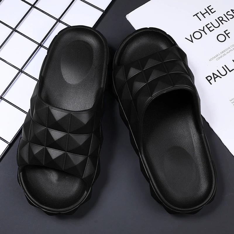 Modern men's casual sandals with a chic geometric pattern and comfortable footbed.