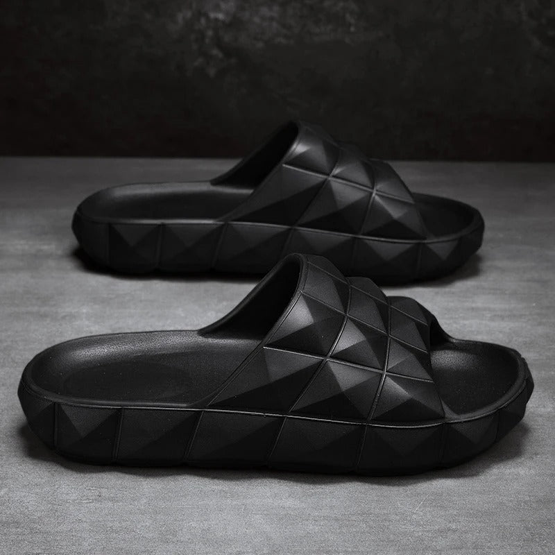 Chic men's geometric comfort slides, versatile for casual outings and beach days.