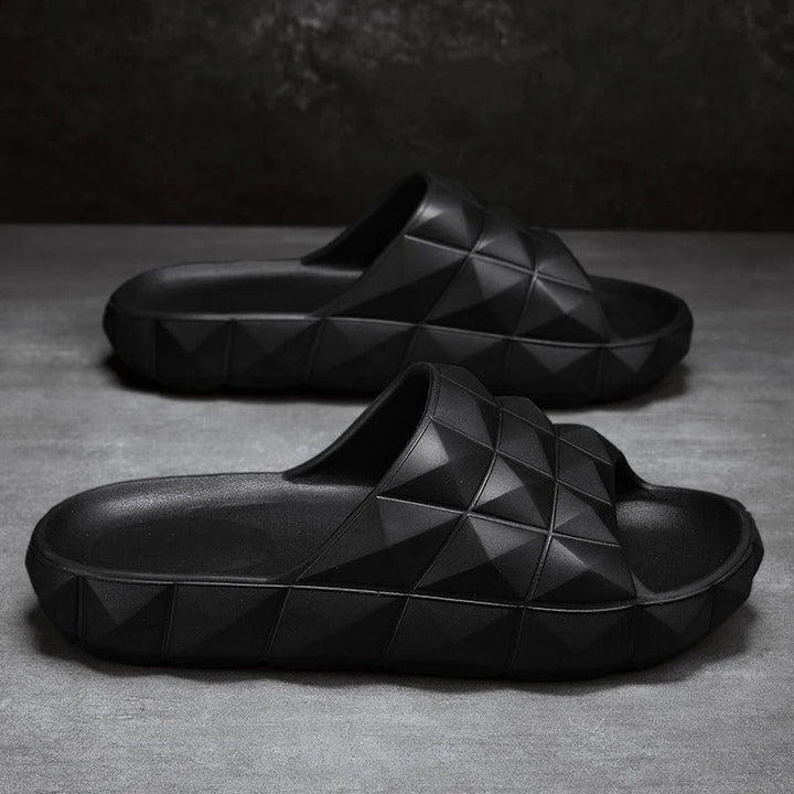 Chic men's geometric comfort slides, versatile for casual outings and beach days.