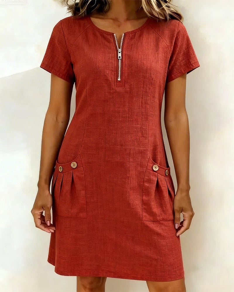 Women's Linen Zip Neck Mini Dress