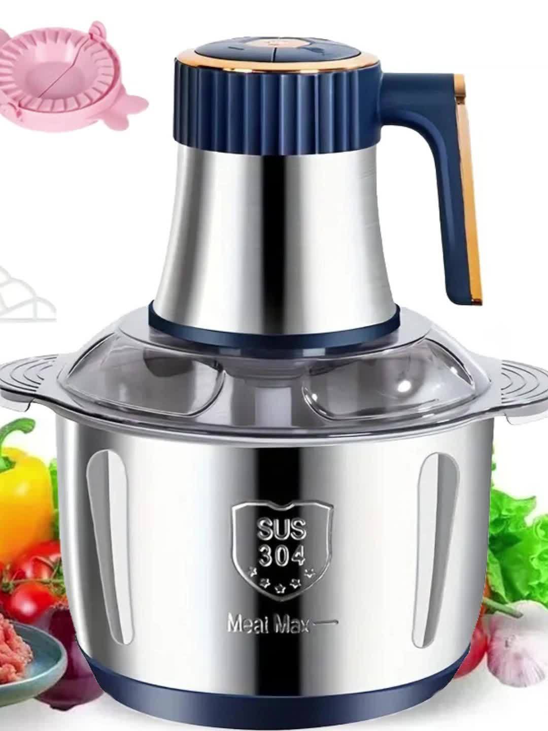 Efficient electric stainless steel meat mincer, vegetable slicer. Multifunctional food processor for kitchen meal prep.