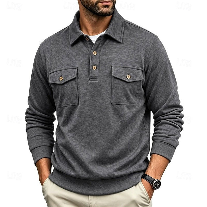 Men's Refined Long-Sleeve Pocket Polo Shirt in smart casual style, perfect for versatile everyday wear.