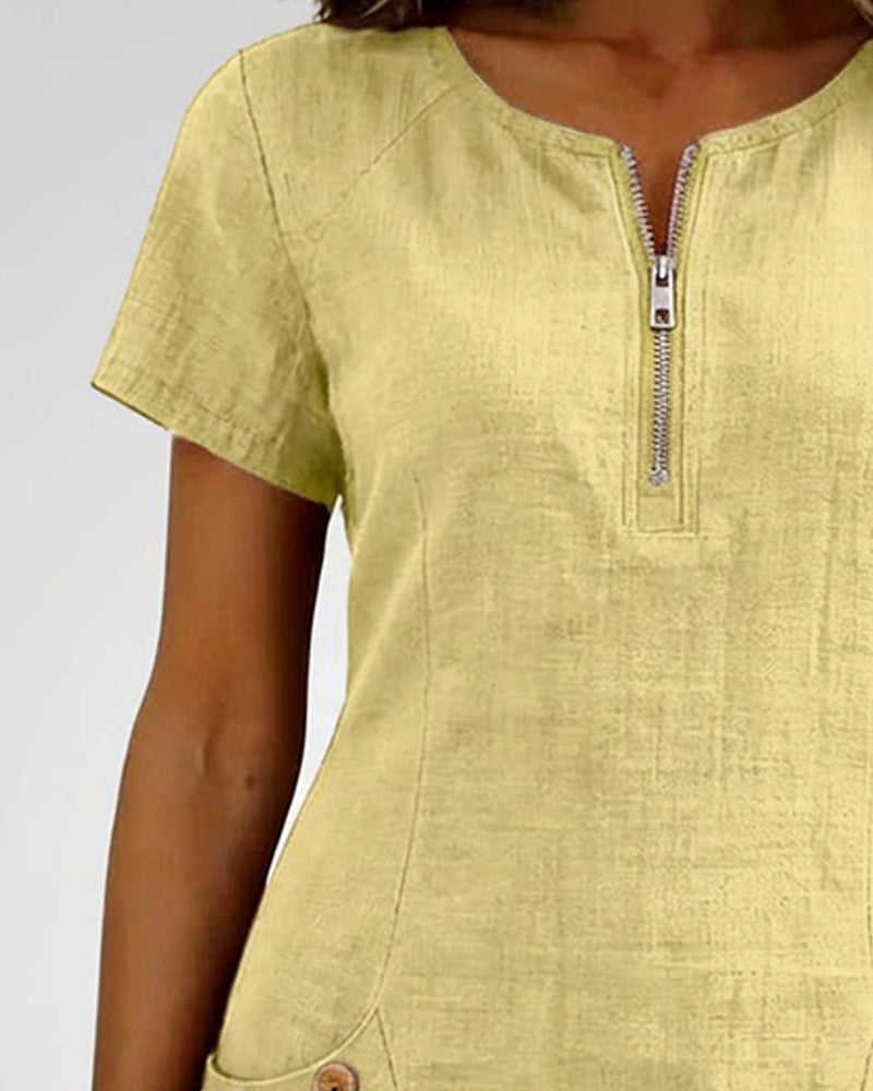 Women's Linen Zip Neck Mini Dress