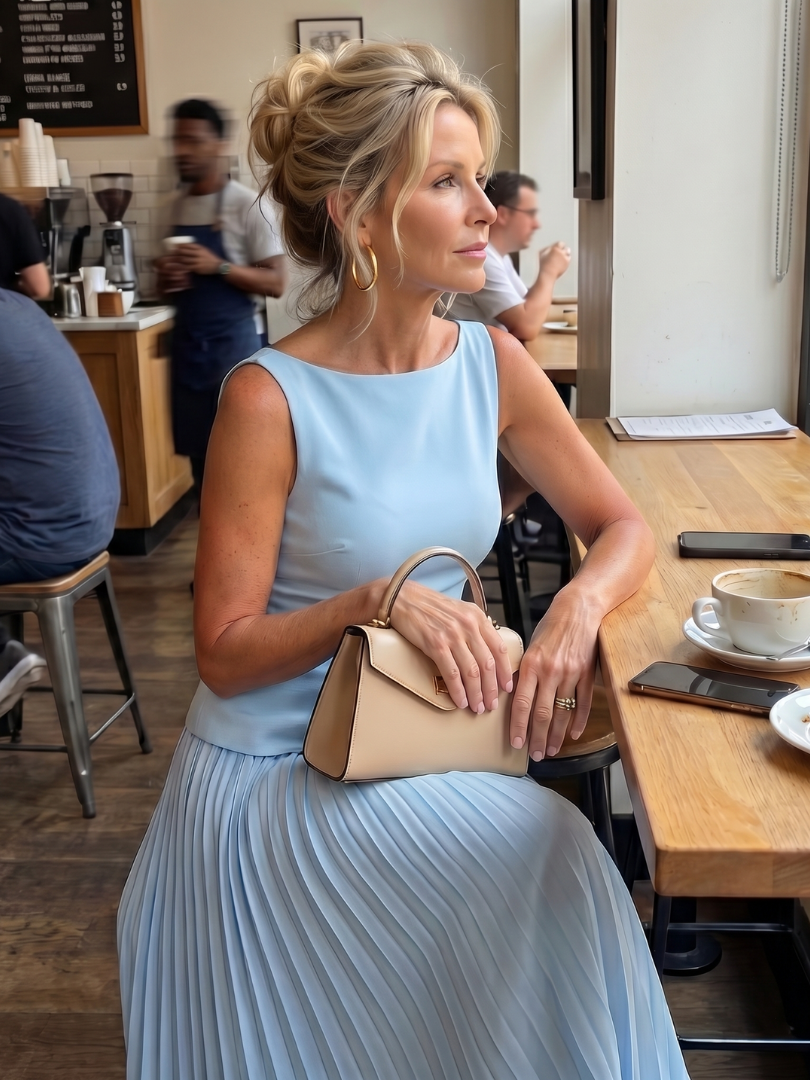 Women's elegant two-piece set, featuring a structured bodice top and a beautiful pleated maxi skirt.
