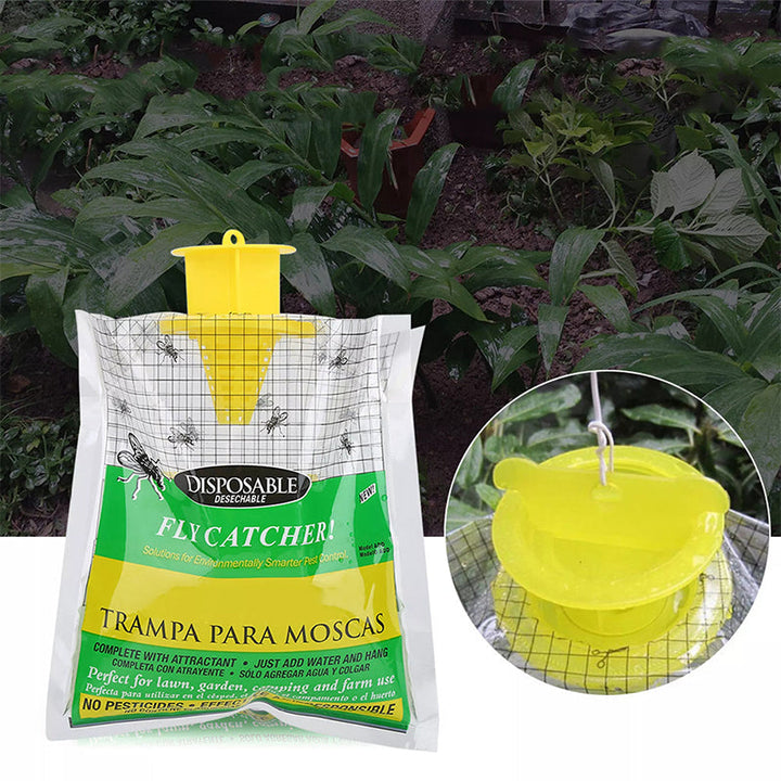 Hanging disposable fly trap for garden & patio protection. Effective outdoor insect catcher.
