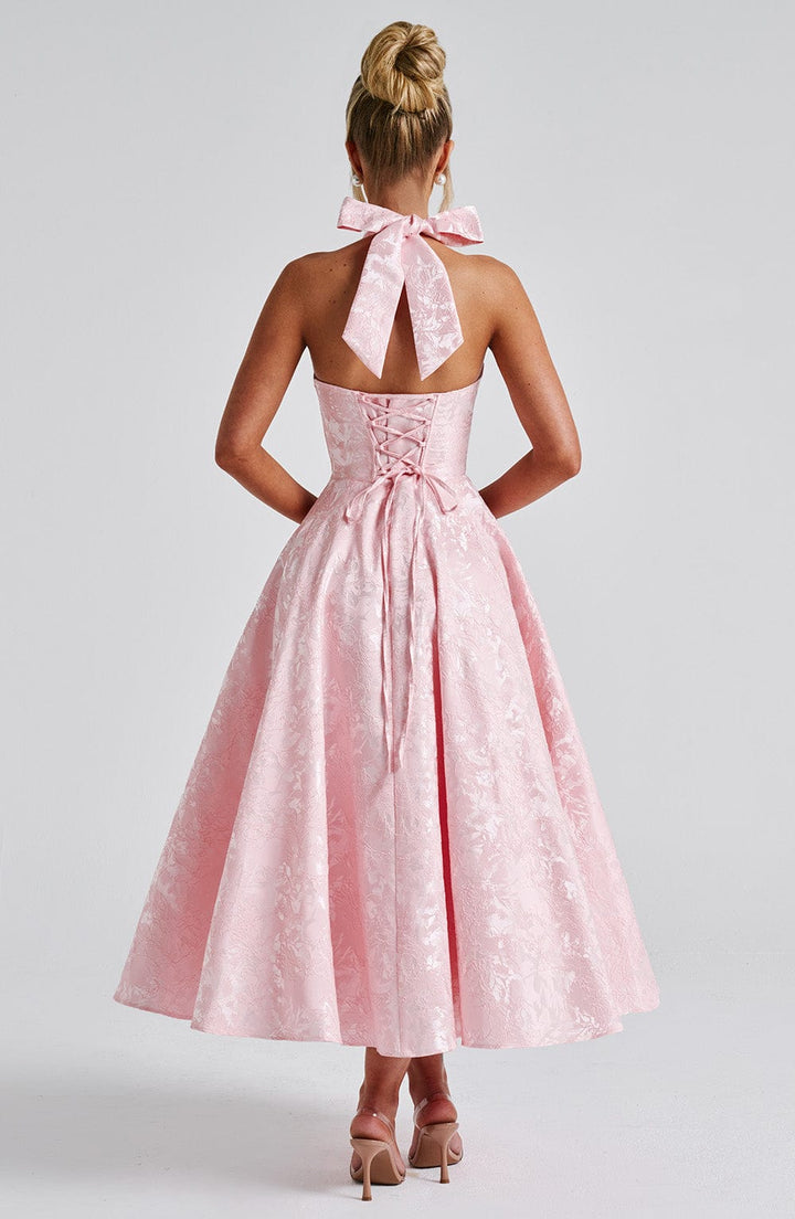 Women's elegant midi dress with halter neckline, perfect for wedding guests & formal occasions.