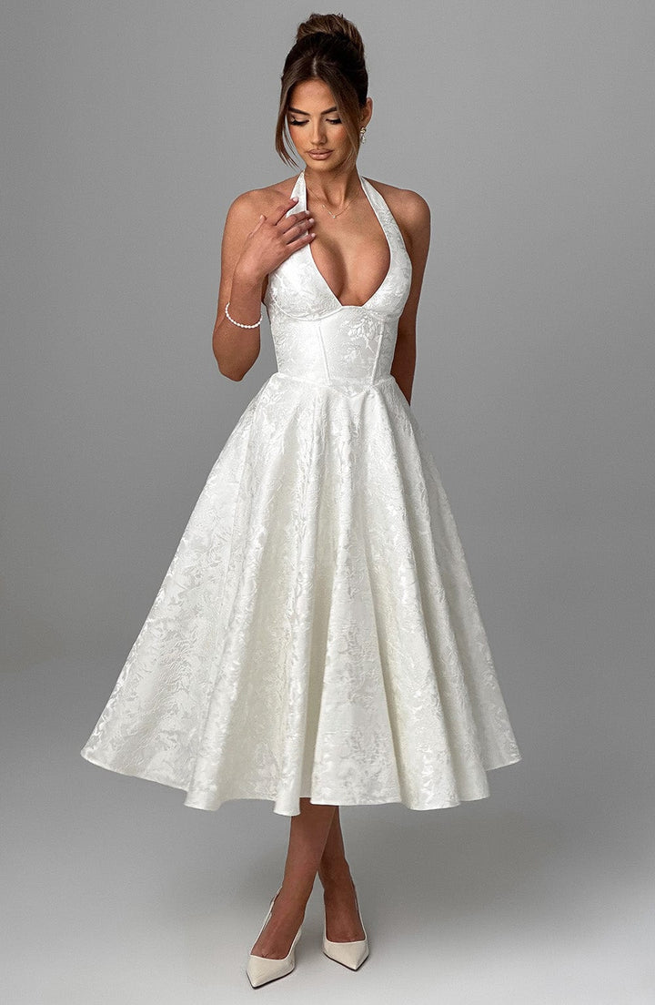 Stunning women's halter midi dress, ideal for weddings, parties, and elegant gatherings.