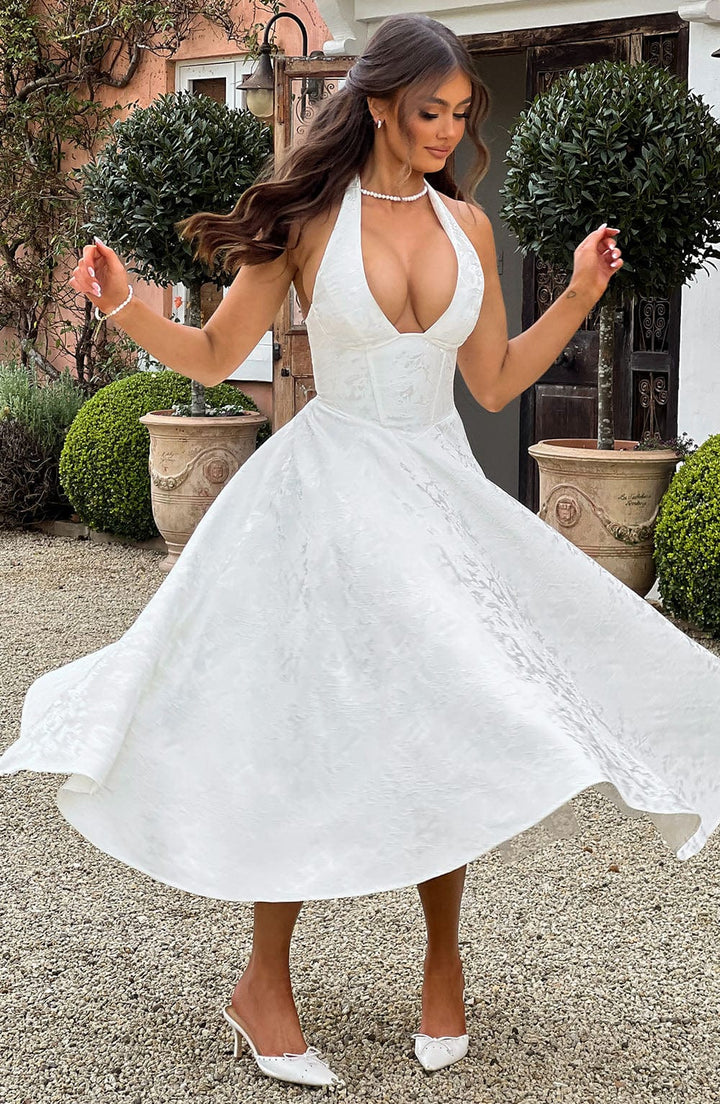 Graceful women's halter midi dress, perfect for any elegant party or formal occasion.