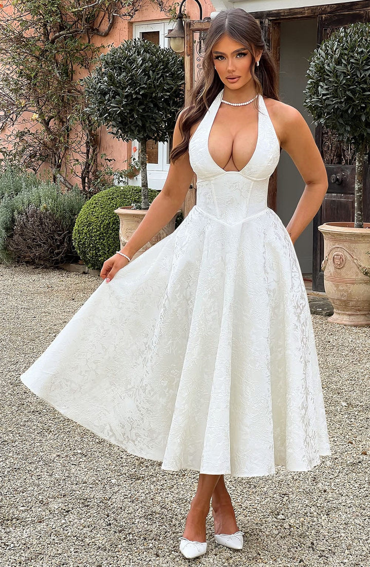 Formal women's halter midi dress, a graceful choice for wedding guests & evening parties.