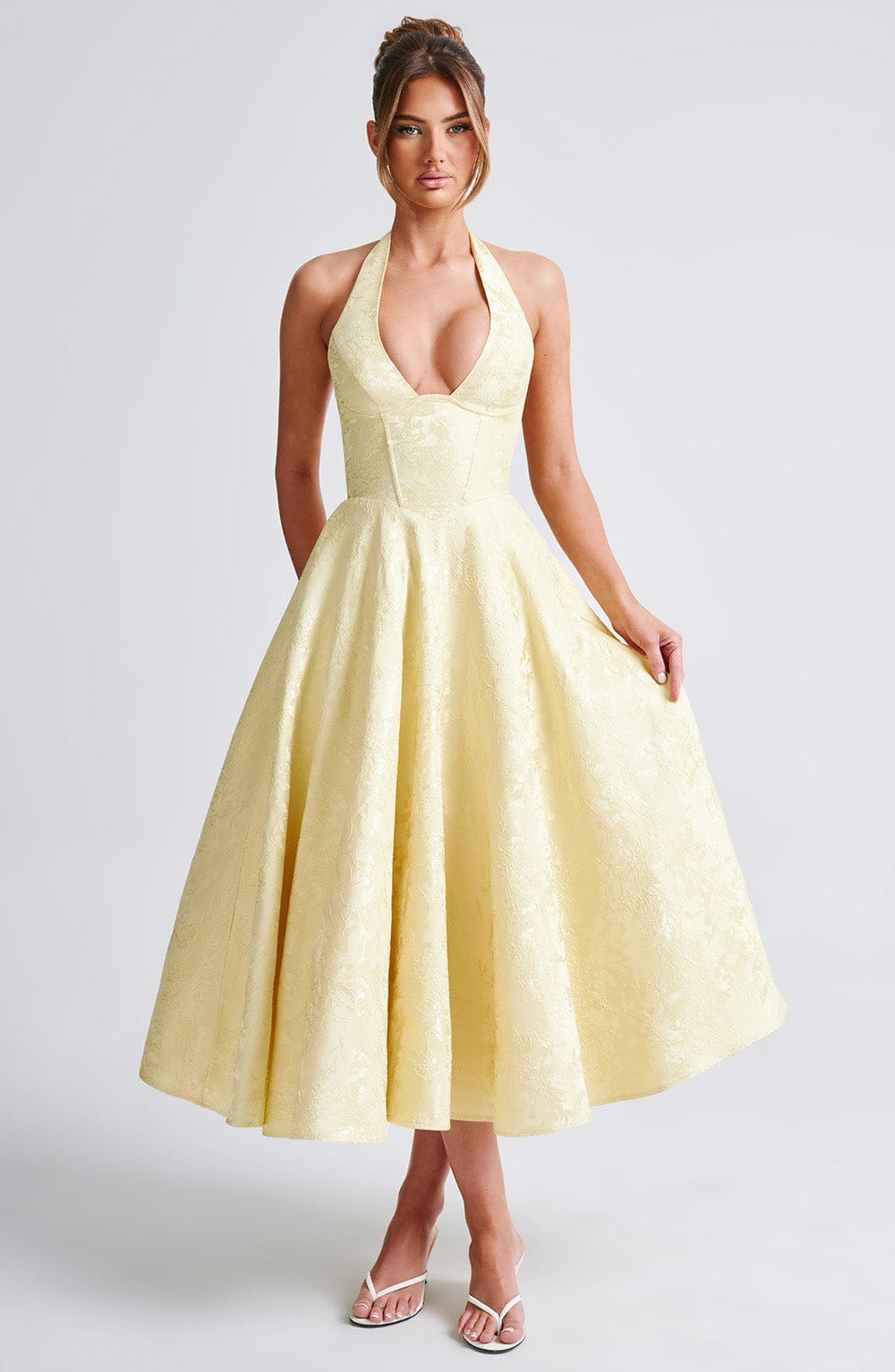 Classic halter midi dress for women, perfect for formal parties, weddings, & special events.