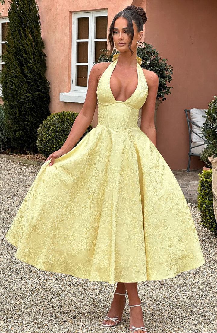 Versatile women's halter midi dress, ideal for cocktail parties, weddings, & formal wear.