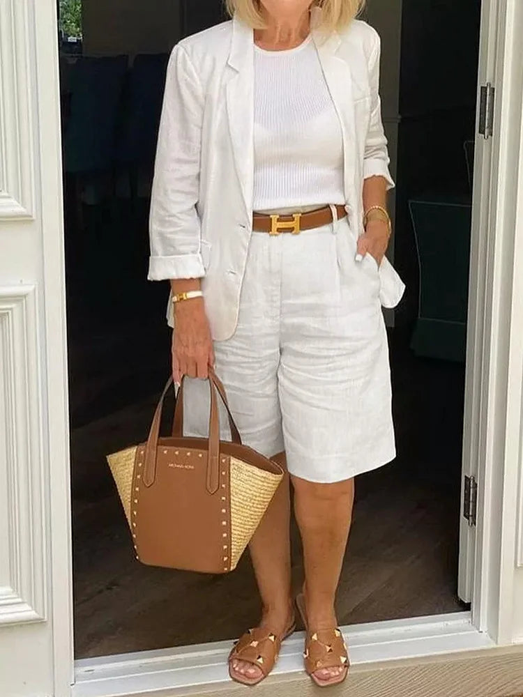 Women's effortless summer short & jacket matching set. Stylish, comfortable 2-piece outfit for casual warm weather.