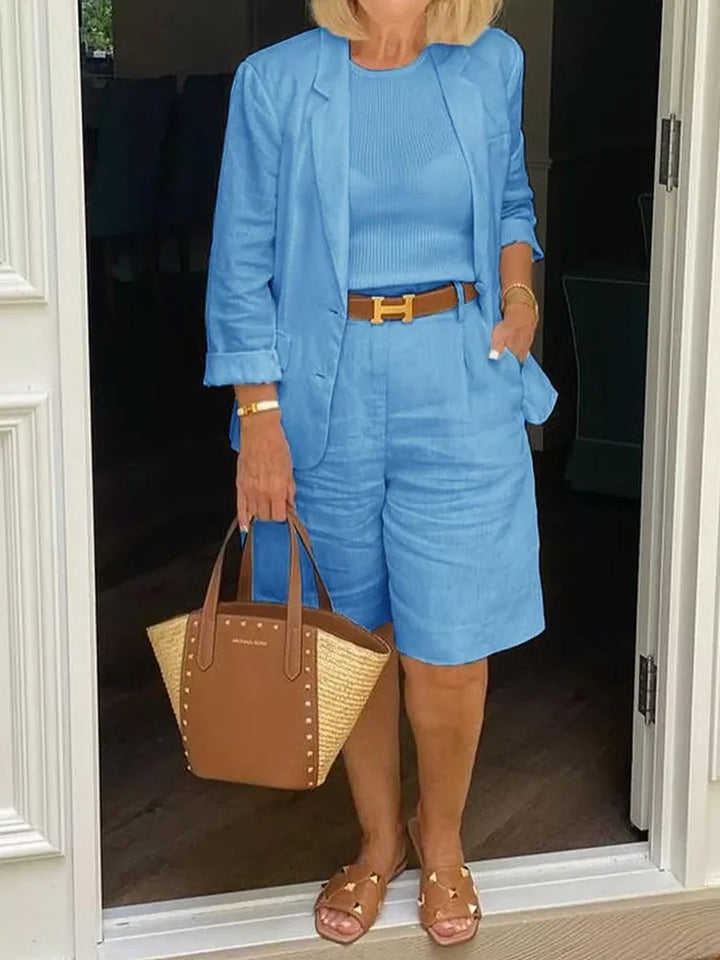 Casual women's short & jacket set. Chic summer two-piece outfit with comfortable shorts and stylish matching jacket.